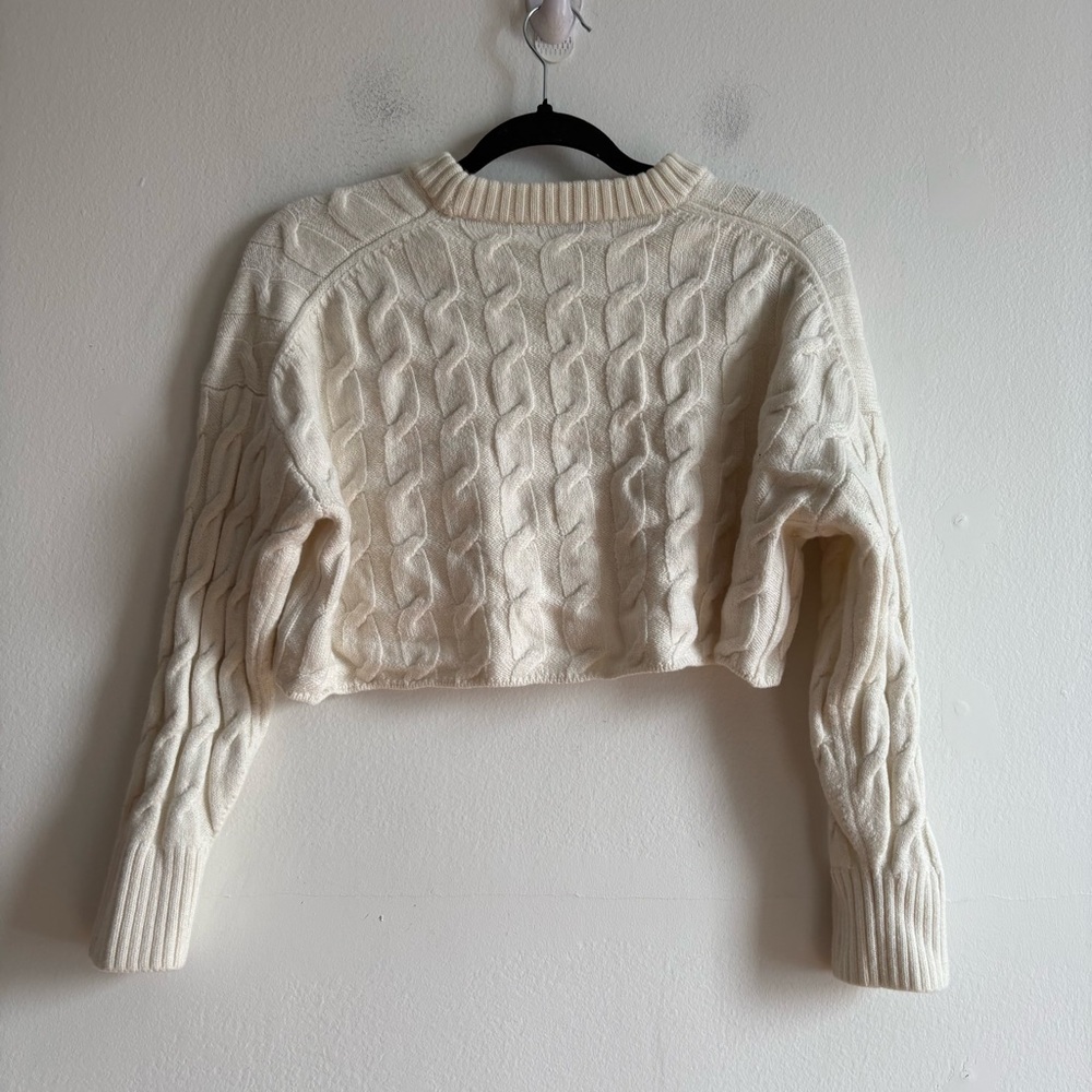Aritzia Babaton Sz S Glory Cable Knit White Cropped Wool Sweater - Picture 5 of 9